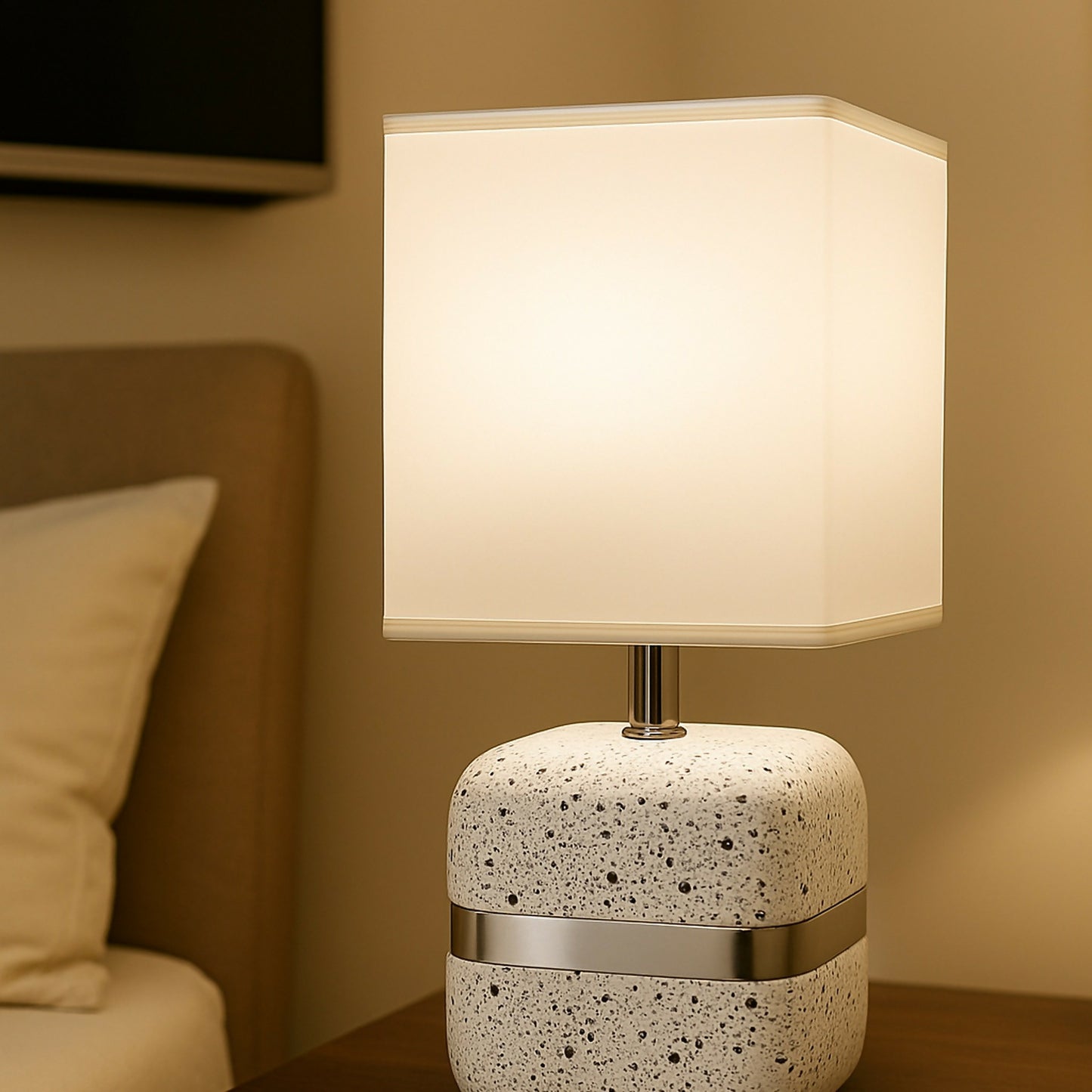 Modern Terrazzo Textured Table Lamp with White Fabric Shade & Golden Accent Band | Luxury Decorative Bedside, Living Room & Study Table Night Lamp | Soft Ambient Lighting for Home Décor