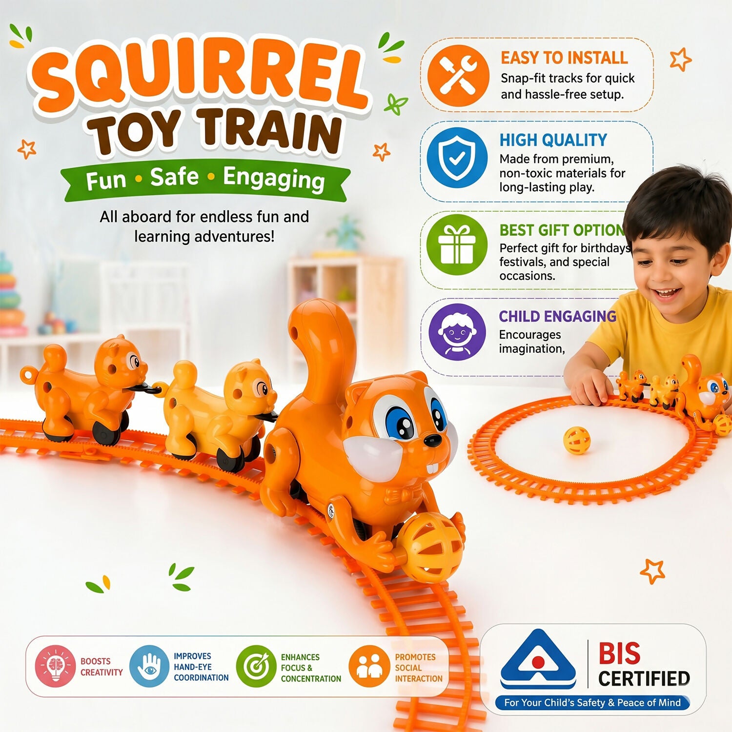 Squirrel train toy set with colorful flexible tracks
