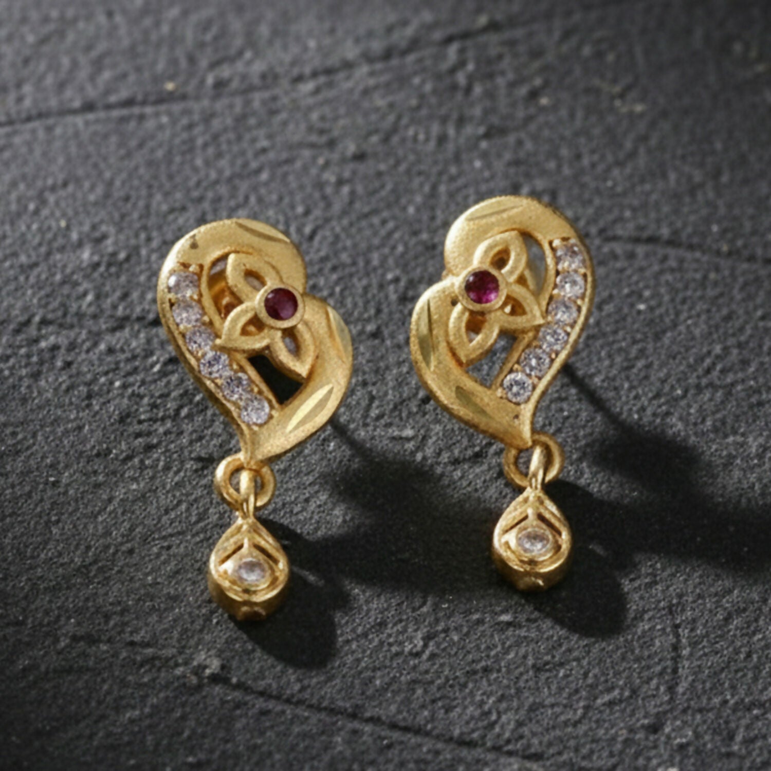 Decorative Leaf Pattern Gold Stud Earrings With Embedded Stones And Drop Element