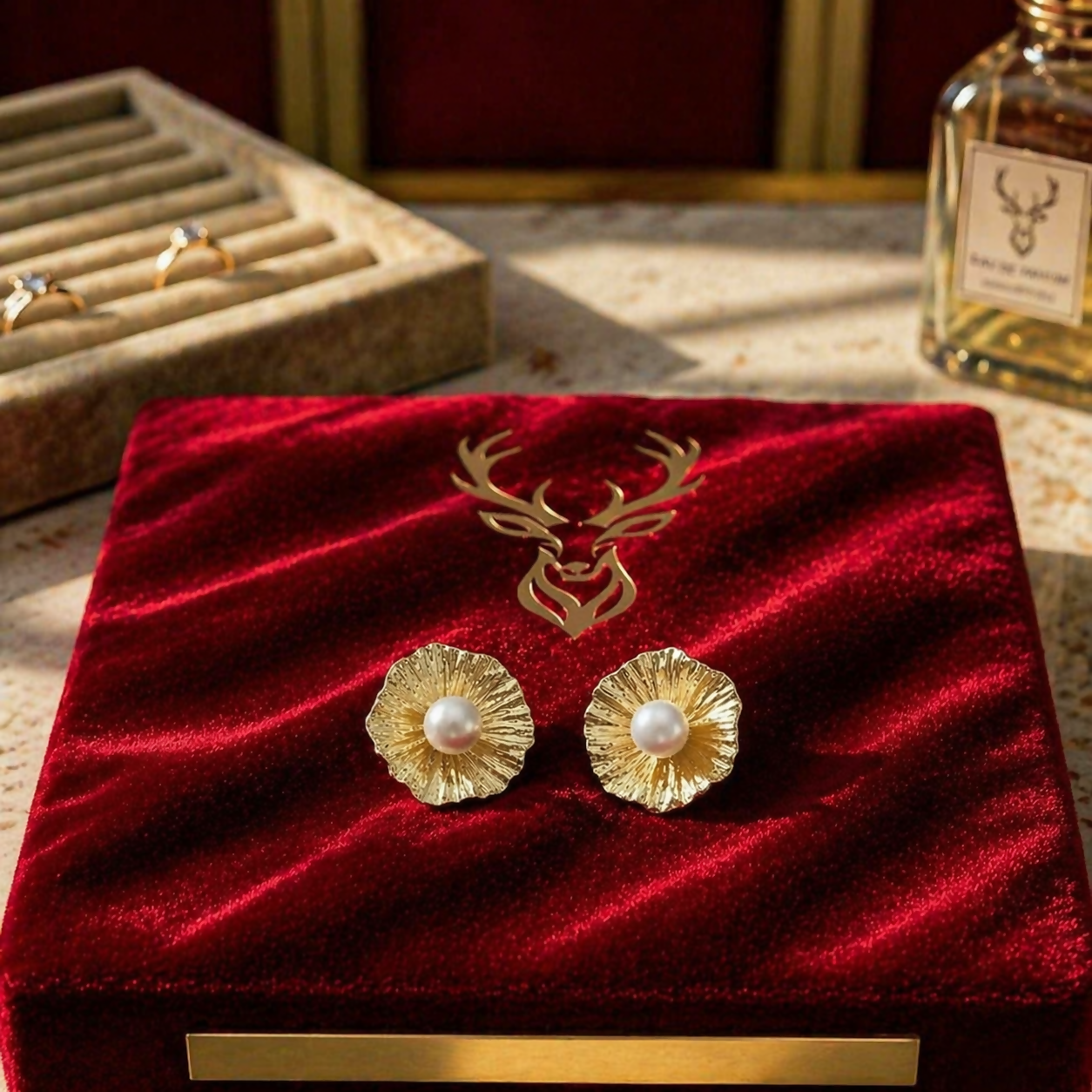 Pair of elegant gold flower pearl stud earrings