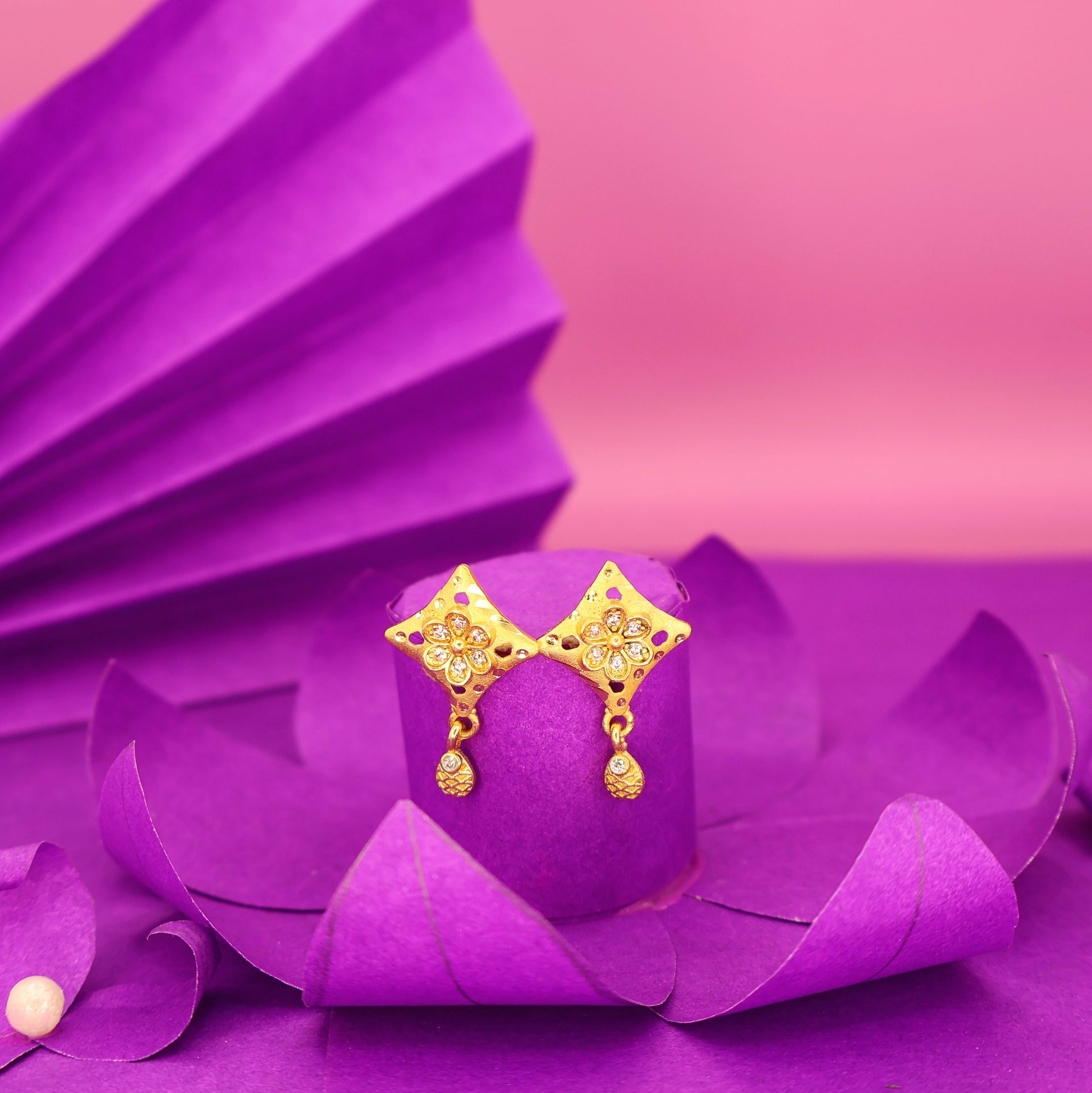 Rose Gold AD Flower Dangle Stud Earrings for Women and girls