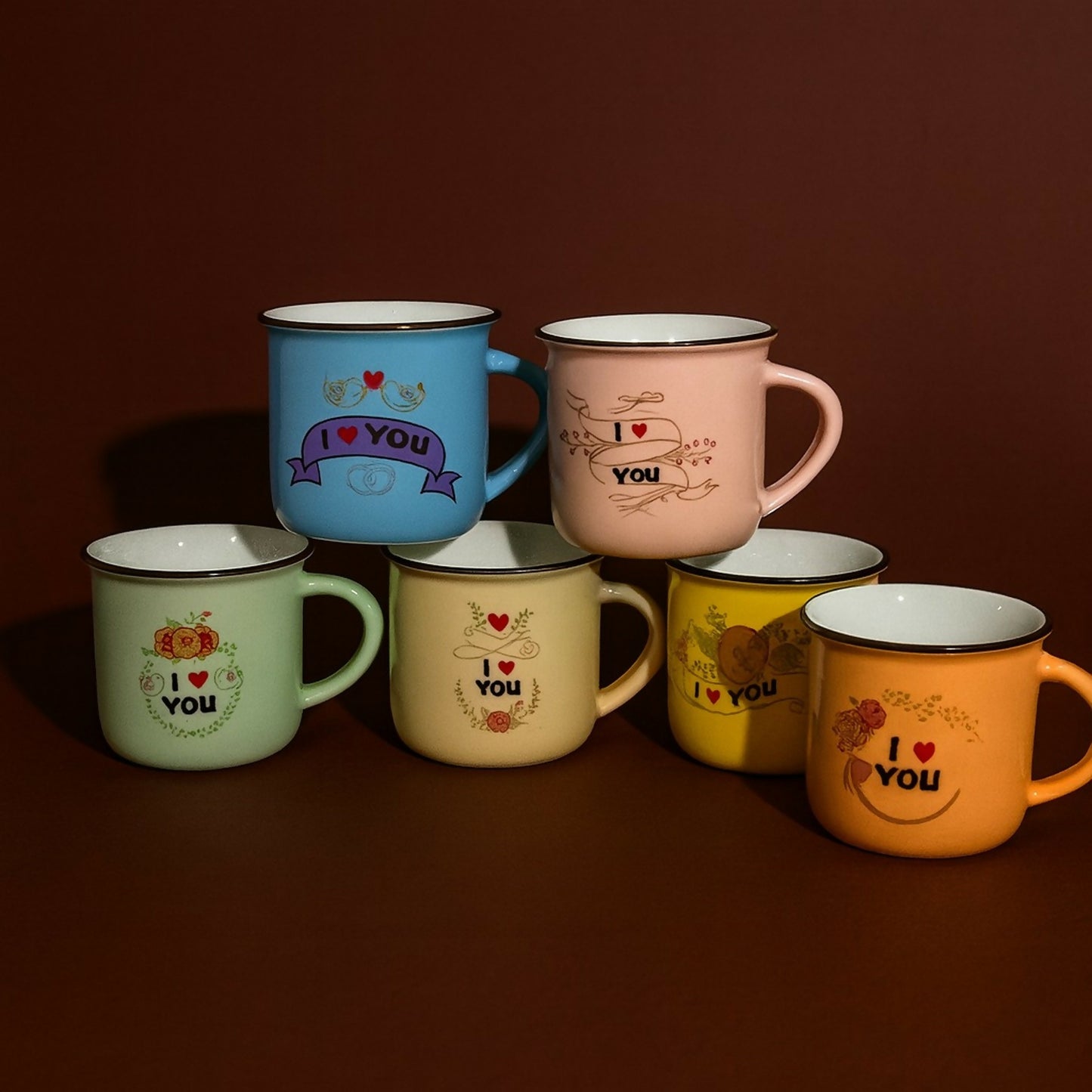 Set of 6 I Love You Premium Colorful Coffee & Tea Cups for Couples, Friends & Family