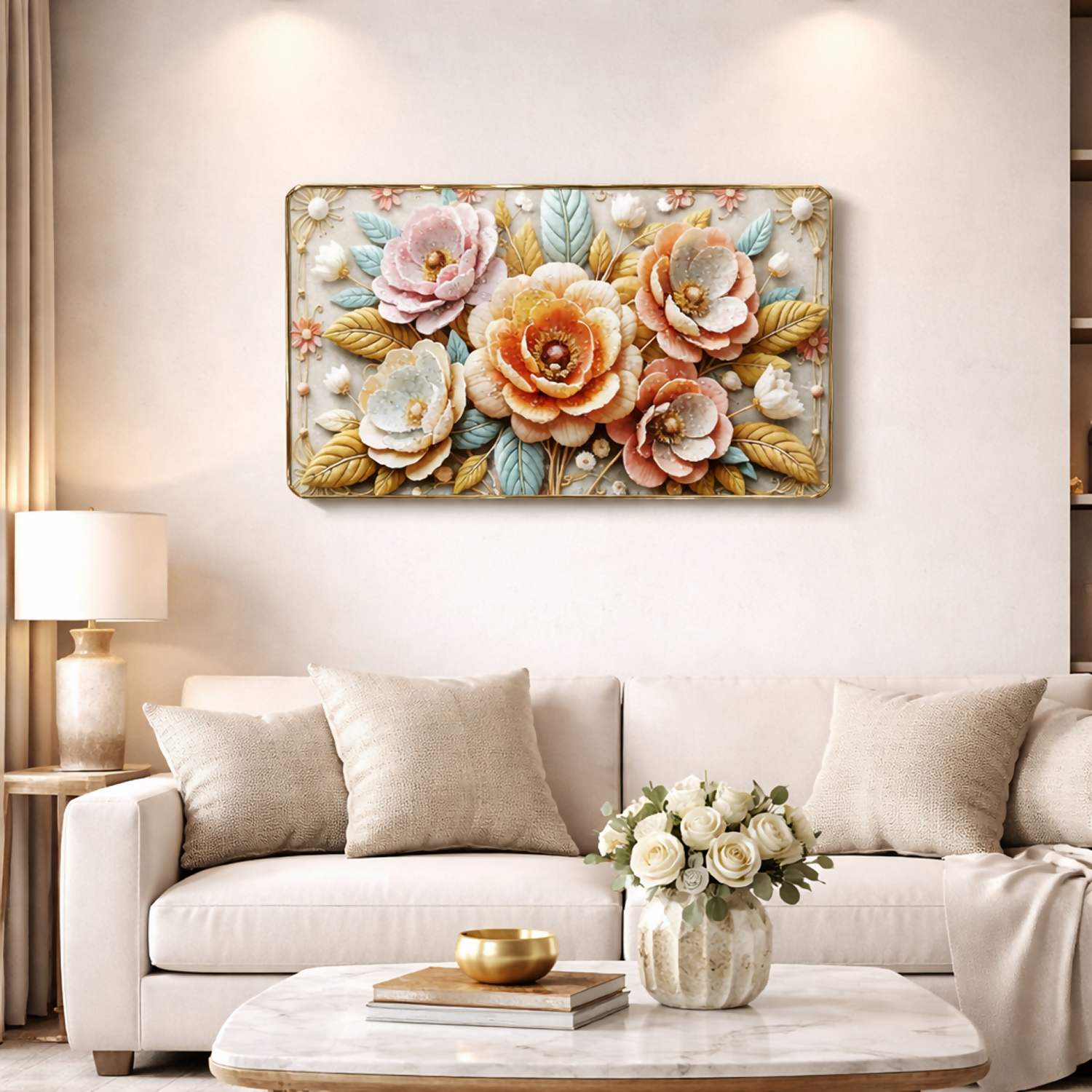 Premium 3D Floral Wall Art Panel – Luxury Golden Frame Home Decor