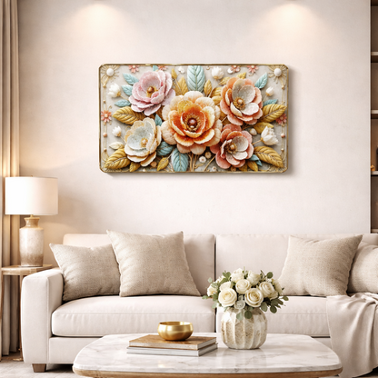 Premium 3D Floral Wall Art Panel – Luxury Golden Frame Home Decor