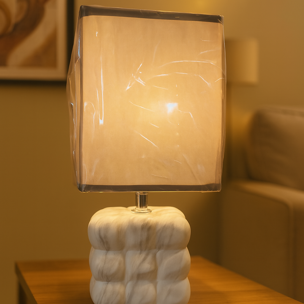 Modern White Bubble-Texture Ceramic Table Lamp with Square Fabric Shade | Luxury Ambient Night Lamp for Bedroom, Living Room & Study | Soft Warm Decorative Home Lighting