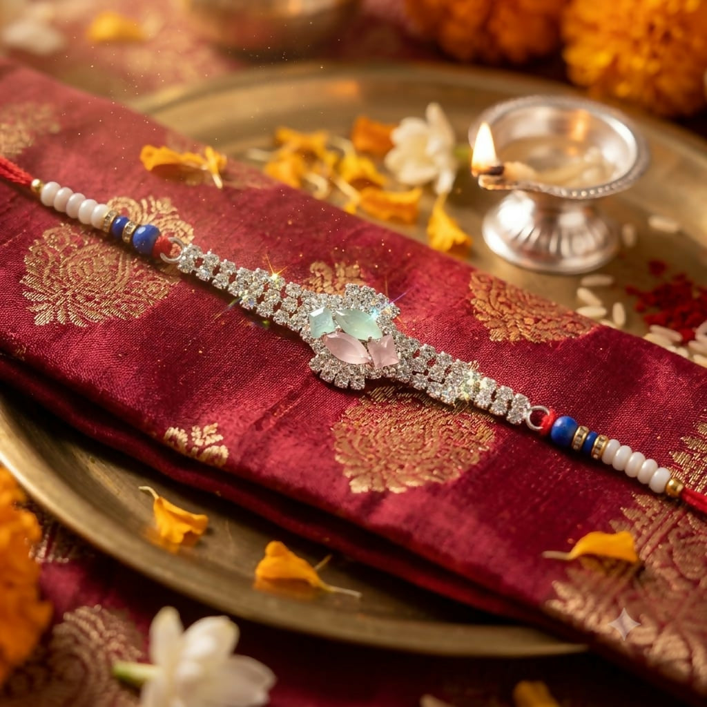 The elegant Rakhi, featuring a crystal floral design and blue beads, is displayed on a red silk cloth with gold patterns,