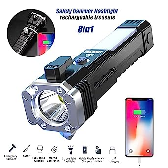 Portable 3w Rechargeable Torch LED Flashlight Long Distance Beam Range, Hammer and Strong Magnets, Window Glass and Seat Belt Cutter 4 Modes for Car Camping Hiking Indoor Outdoor