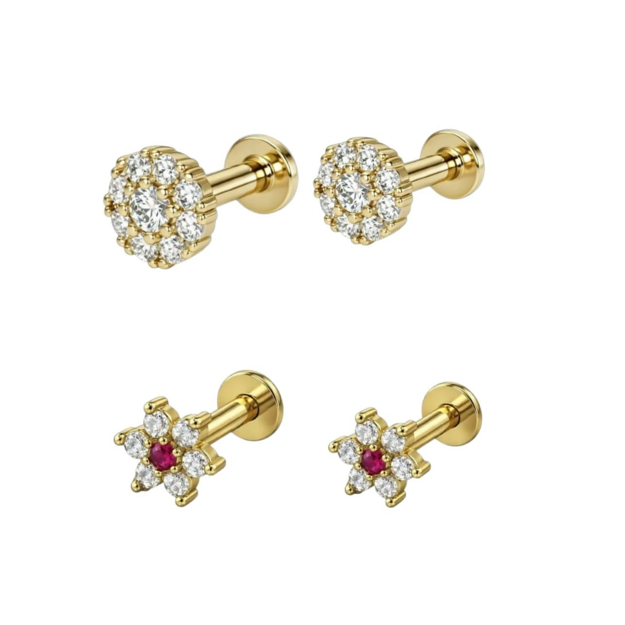 Combo pack of ruby and diamond floral flat back stud earrings