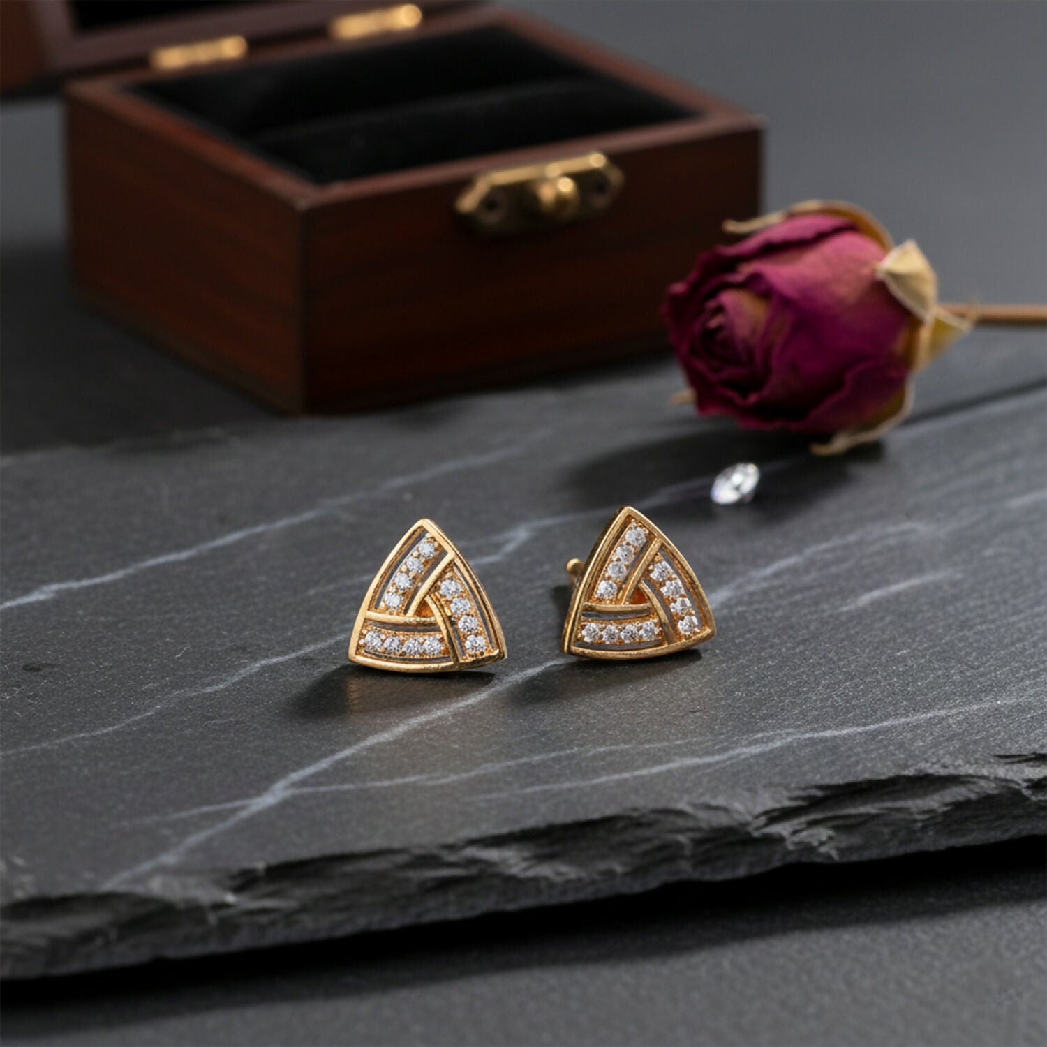Gold Finish Triangle CZ Stud Earrings for Women – Elegant Daily & Party Wear