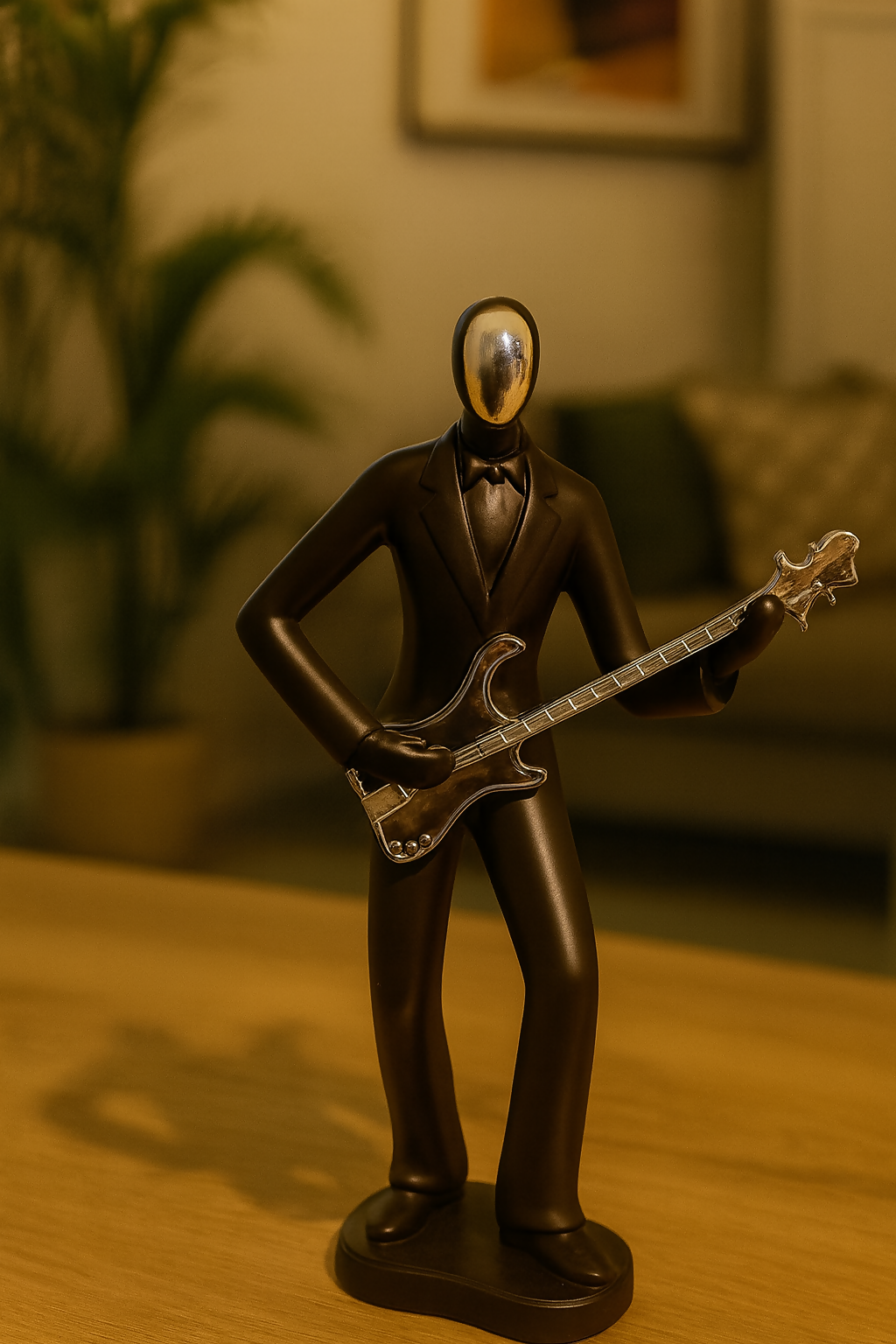 HOME DECOR Elegant Black Guitarist Figurine | Modern Musician Statue with Chrome Face & Guitar | Artistic Home Décor Sculpture for Living Room, Office, Café, Studio | Perfect Music Lover Gift