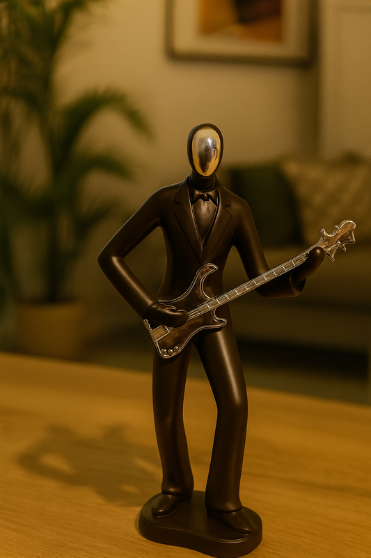 HOME DECOR Elegant Black Guitarist Figurine | Modern Musician Statue with Chrome Face & Guitar | Artistic Home Décor Sculpture for Living Room, Office, Café, Studio | Perfect Music Lover Gift