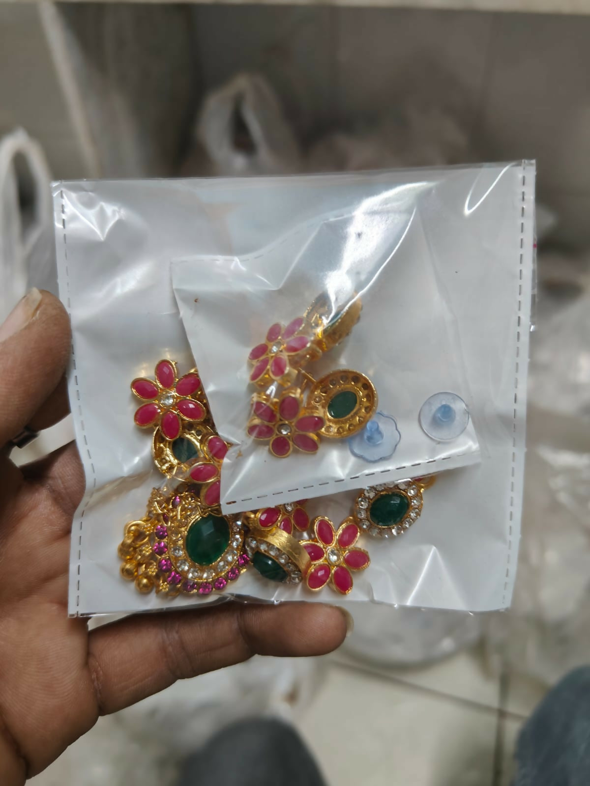 Traditional Gold-Toned Green-Pink Enamel Lotus Choker Set