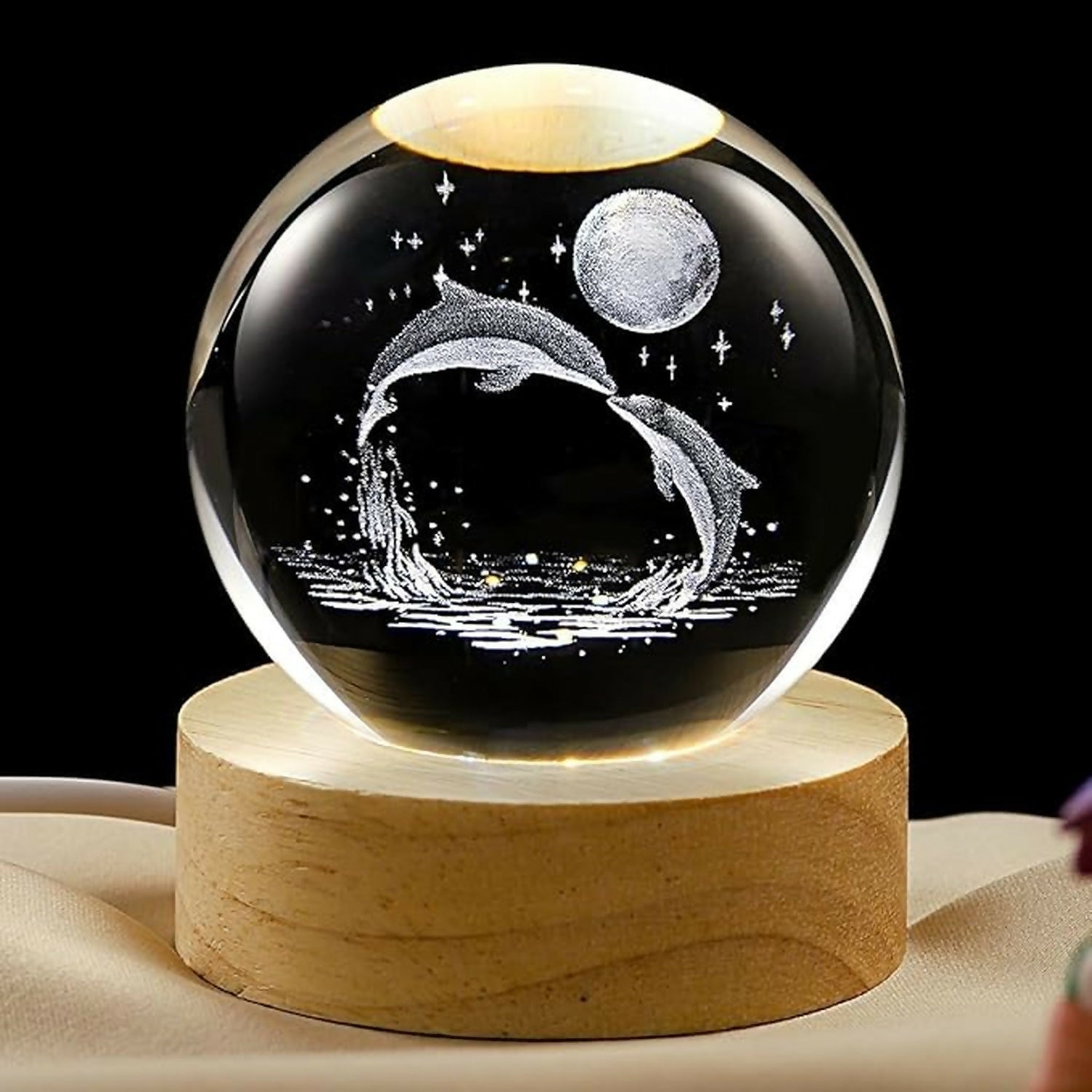3D Dolphin Crystal Ball Night Lamp with Wooden Base Decorative Light