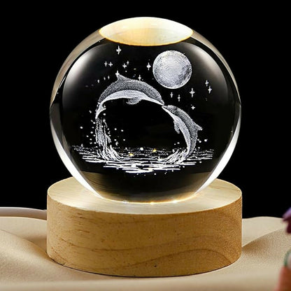 3D Dolphin Crystal Ball Night Lamp with Wooden Base Decorative Light