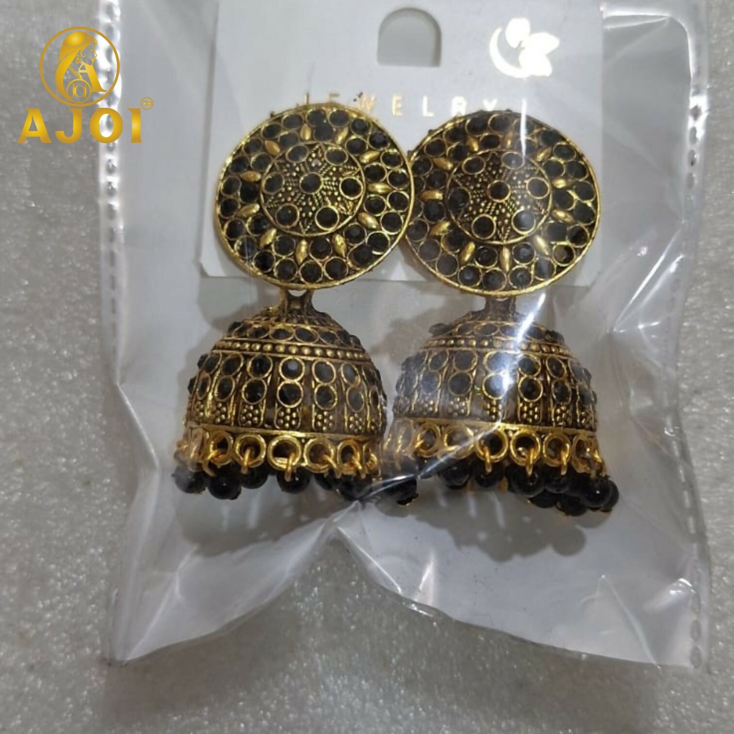 Antique Gold Black Stone Jhumka Earrings Traditional Ethnic Design