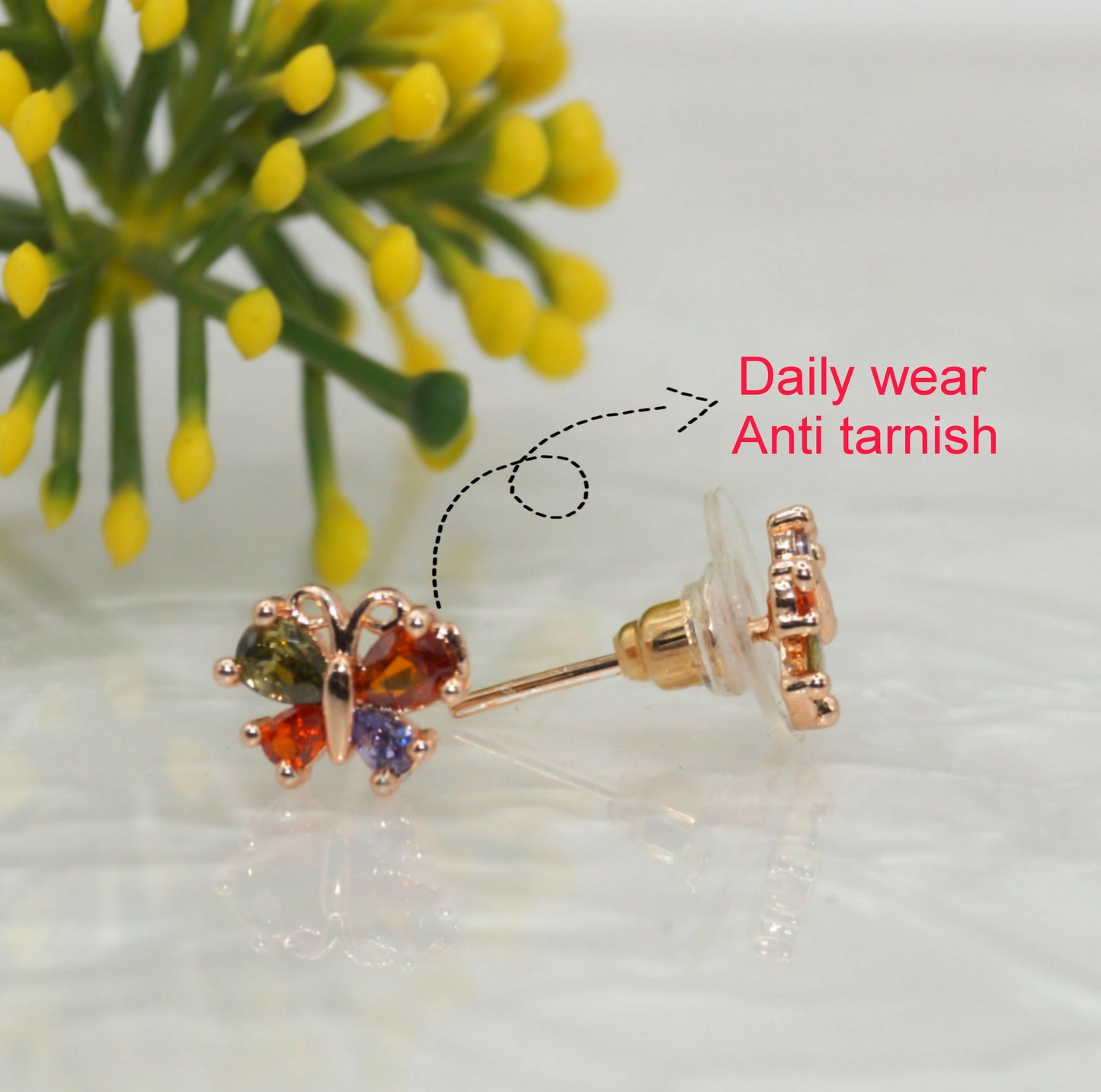 Rose Gold Butterfly Stud Earrings | Multi-Color AD | Cute Daily Jewelry for women and girls