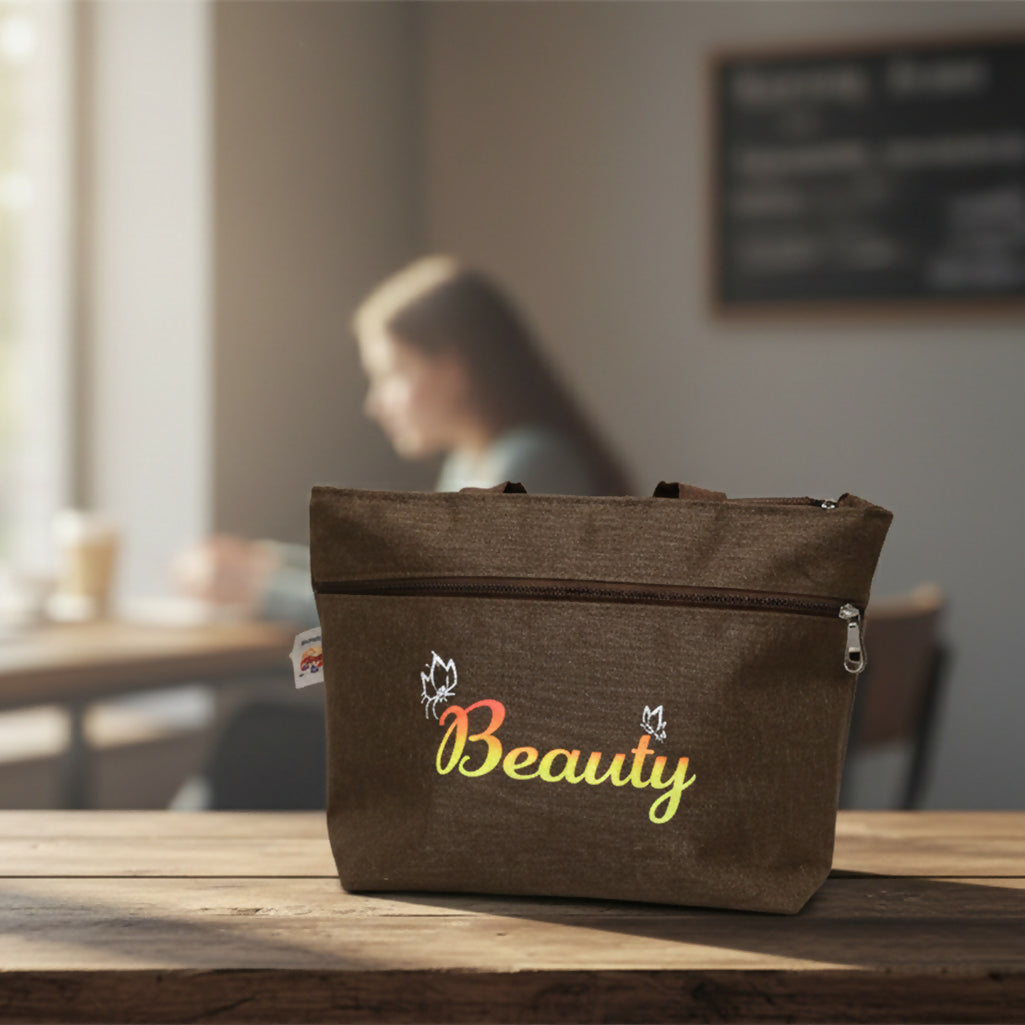 Stylish Denim Shopping Bag with Green Handles – “Beauty” Tote