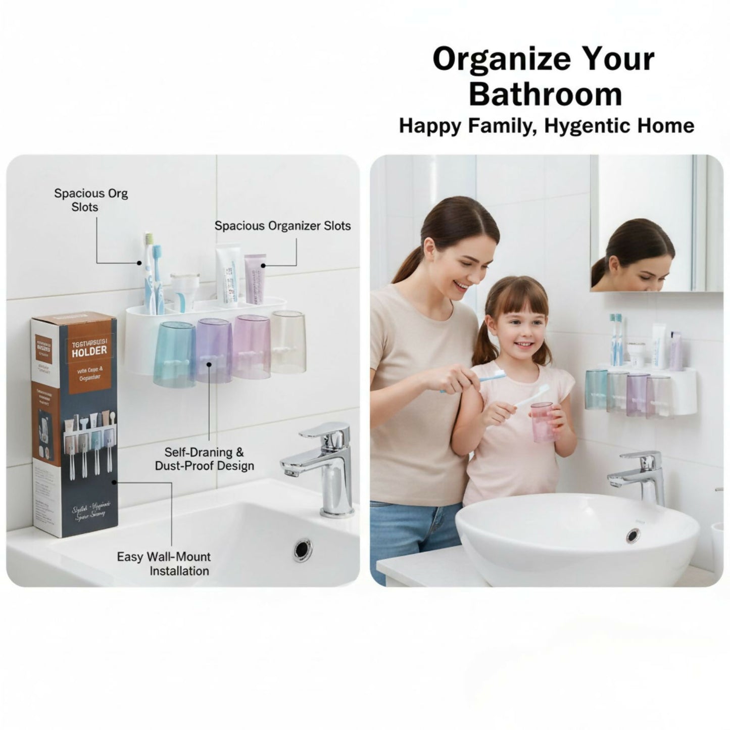 Toothbrush Holders & Storage Rack with 4 Cute Cartoon Cups