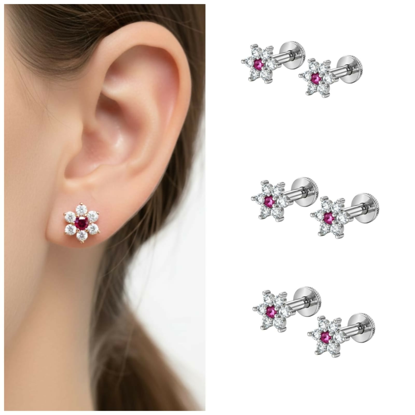 Three pairs of pink crystal flower stud earrings with silver plating and flat-back design