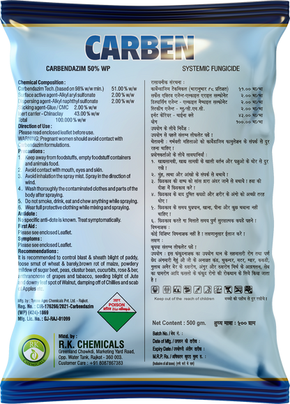 Illustration of Carbendazim 50% WP fungicide used in foliar spray on crop leaves