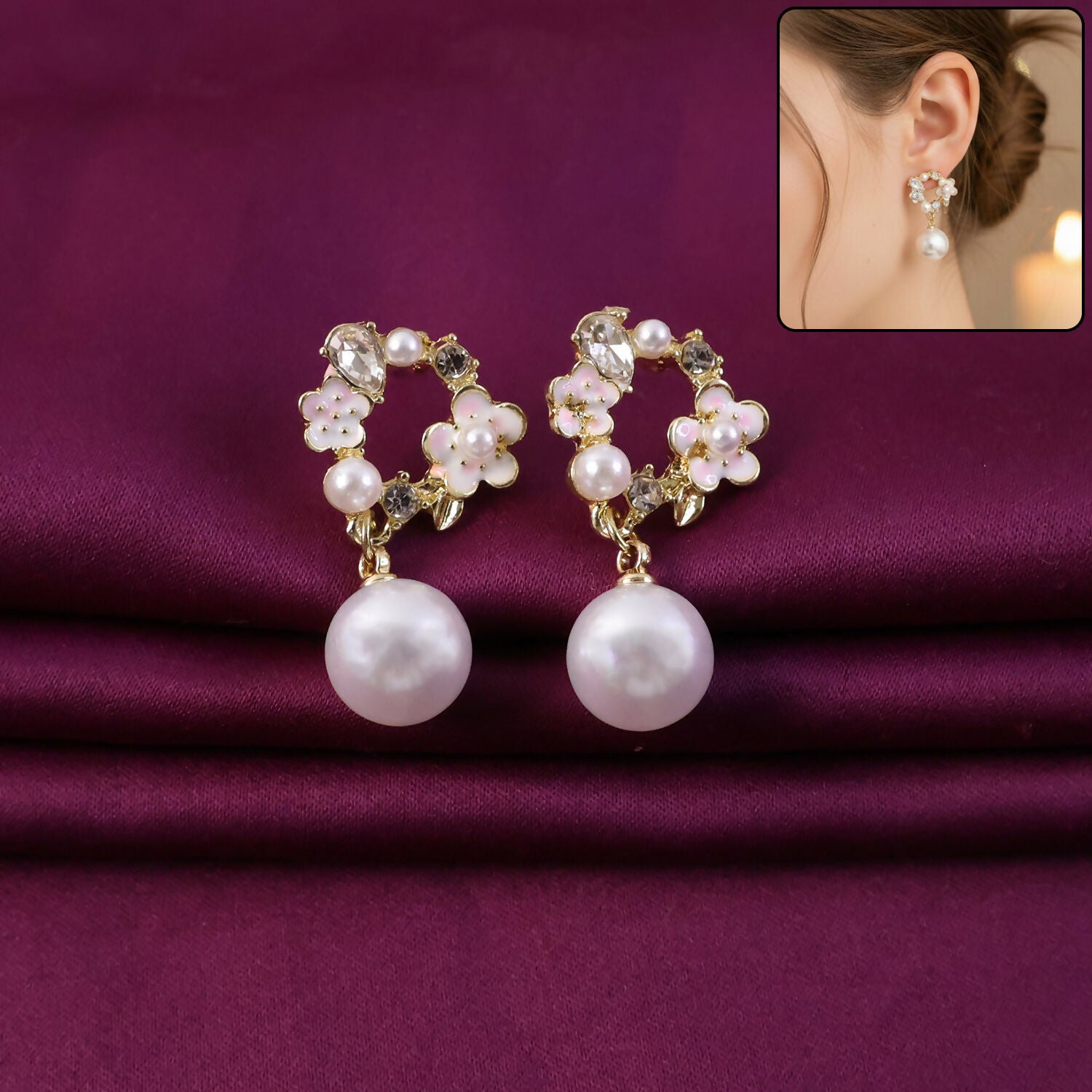 Vintage Rose Pearl Stud Earrings for Women – Elegant Gold Floral Design