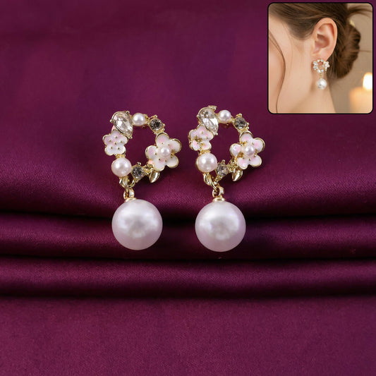 Vintage Rose Pearl Stud Earrings for Women – Elegant Gold Floral Design