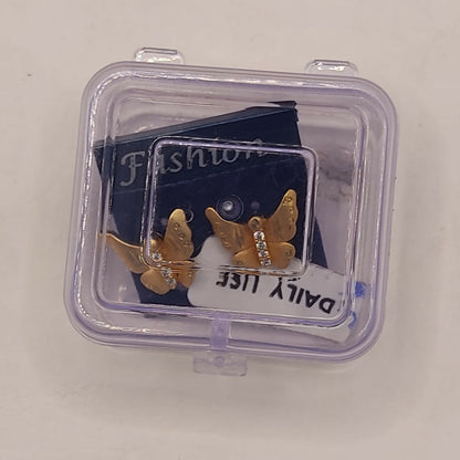 Gold butterfly stud earrings styled for elegant daily wear with sparkling crystal accents