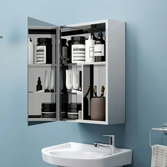 Wall Mounted Mirror Cabinet with Storage, HD Mirror Door Bathroom Organizer with Multi Shelf Storage & Modern Design