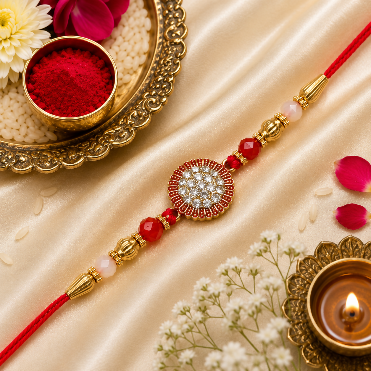 A red and gold bracelet with a central crystal-studded medallion lies on a golden silk cloth, surrounded by flowers and