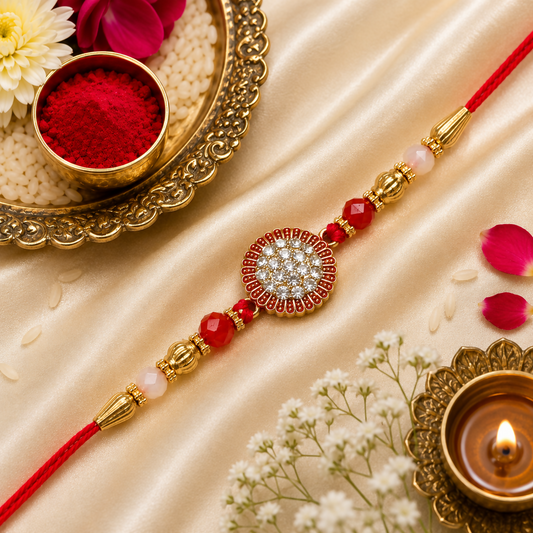 A red and gold bracelet with a central crystal-studded medallion lies on a golden silk cloth, surrounded by flowers and