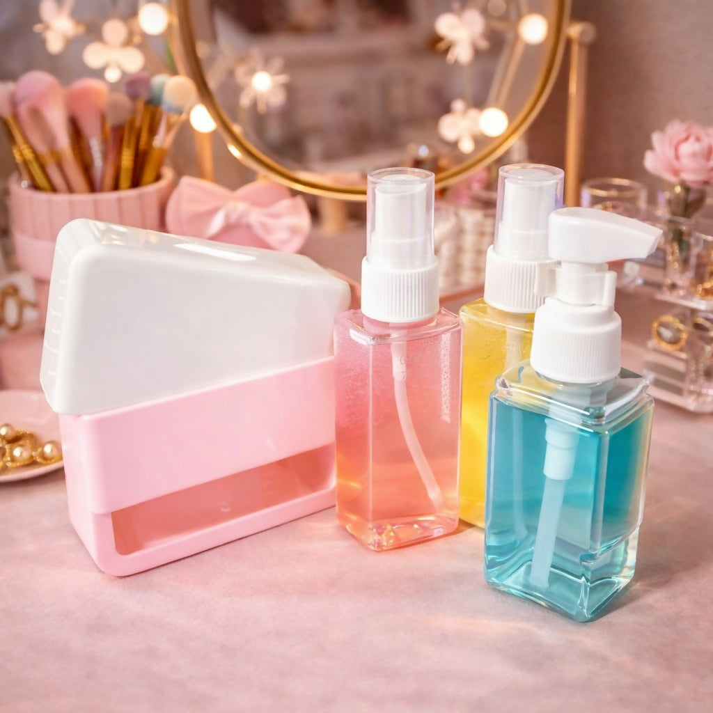 Pink travel refillable bottle set with pump and spray dispensers