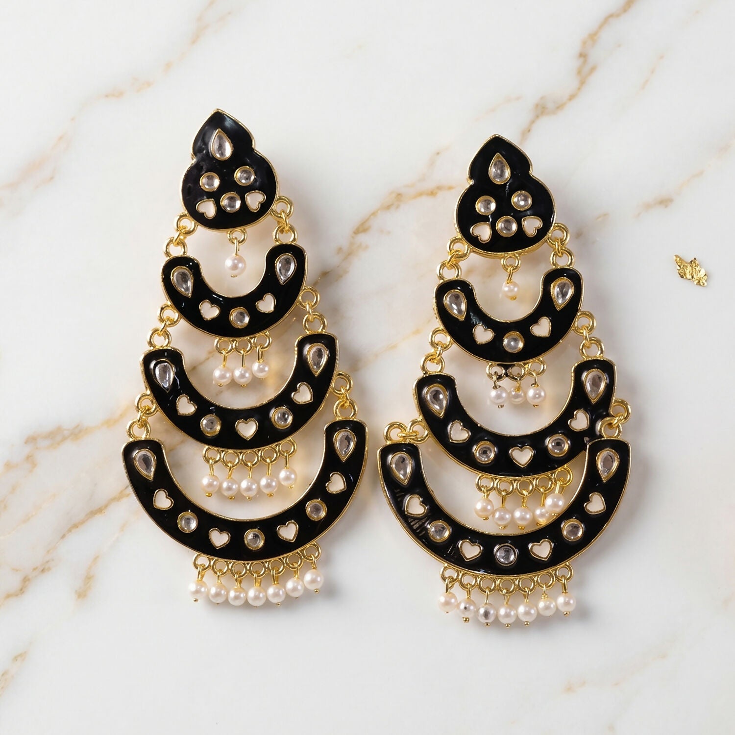 Black Layered Chandbali Earrings with Pearl Drop – Elegant Ethnic Jewelry
