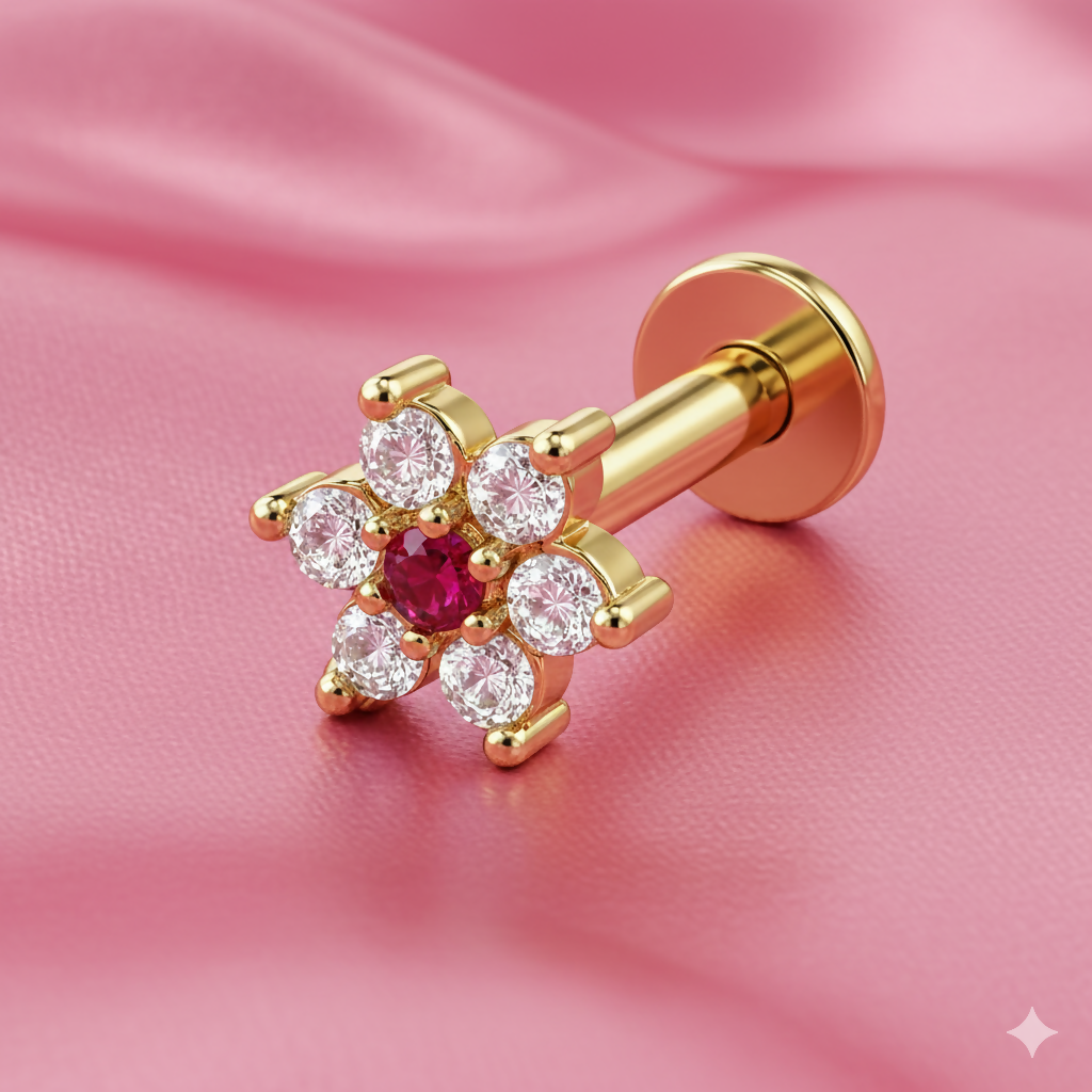 Gold plated flower nosepin stud with ruby center and sparkling crystal petals