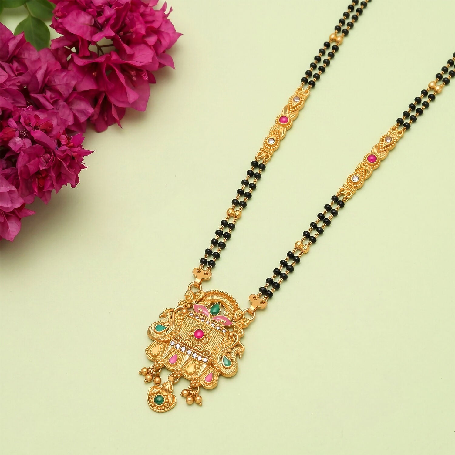 Rajwadi Temple Gate Pendant with Pink Leaf & Emerald Drops Long Double Strand Mangalsutra