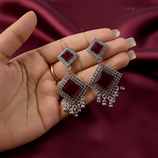Traditional Indian Oxidised Dangler Earrings with Square Red Monalisa Stones