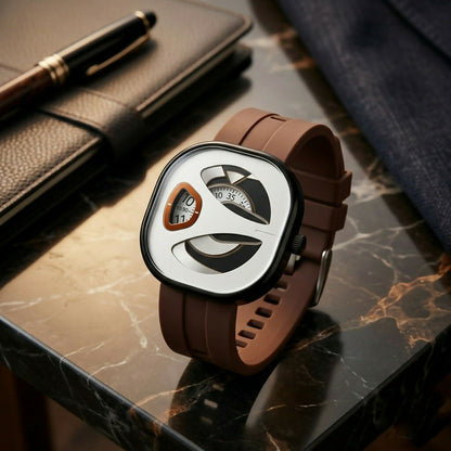 Brown watch with a white and black dial, and orange time indicator, resting on a dark marble table beside a notebook.