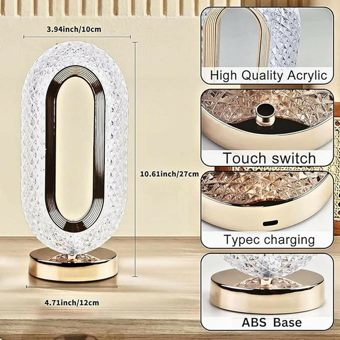 Luxury Crystal Touch Lamp with 3 Color Modes & Dimmable Brightness | Rechargeable LED Bedside Table Lamp for Bedroom, Living Room & Home Décor | Acrylic Diamond Pattern Night Lamp (Warm, Natural & Cool Light)