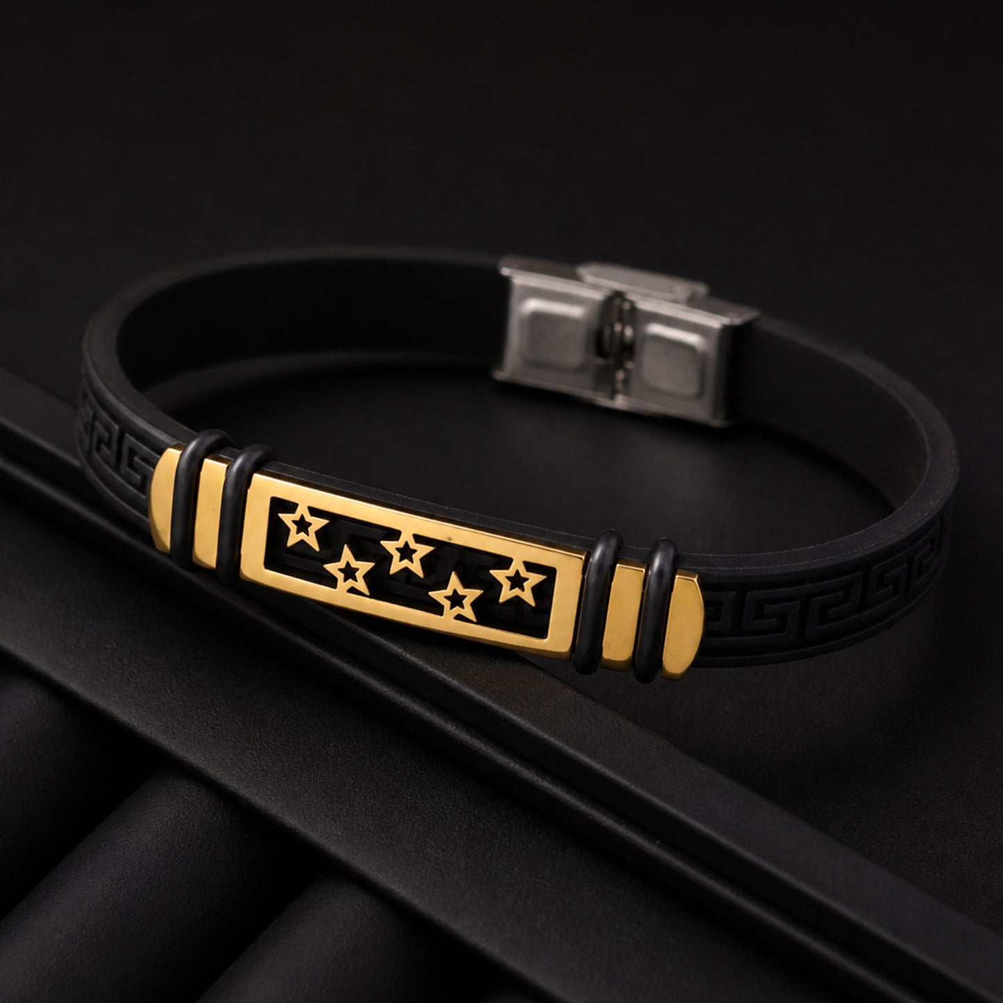 Star Cutout Bracelet Rakhi with Black Band and Gold-Silver Plate for Raksha Bandhan