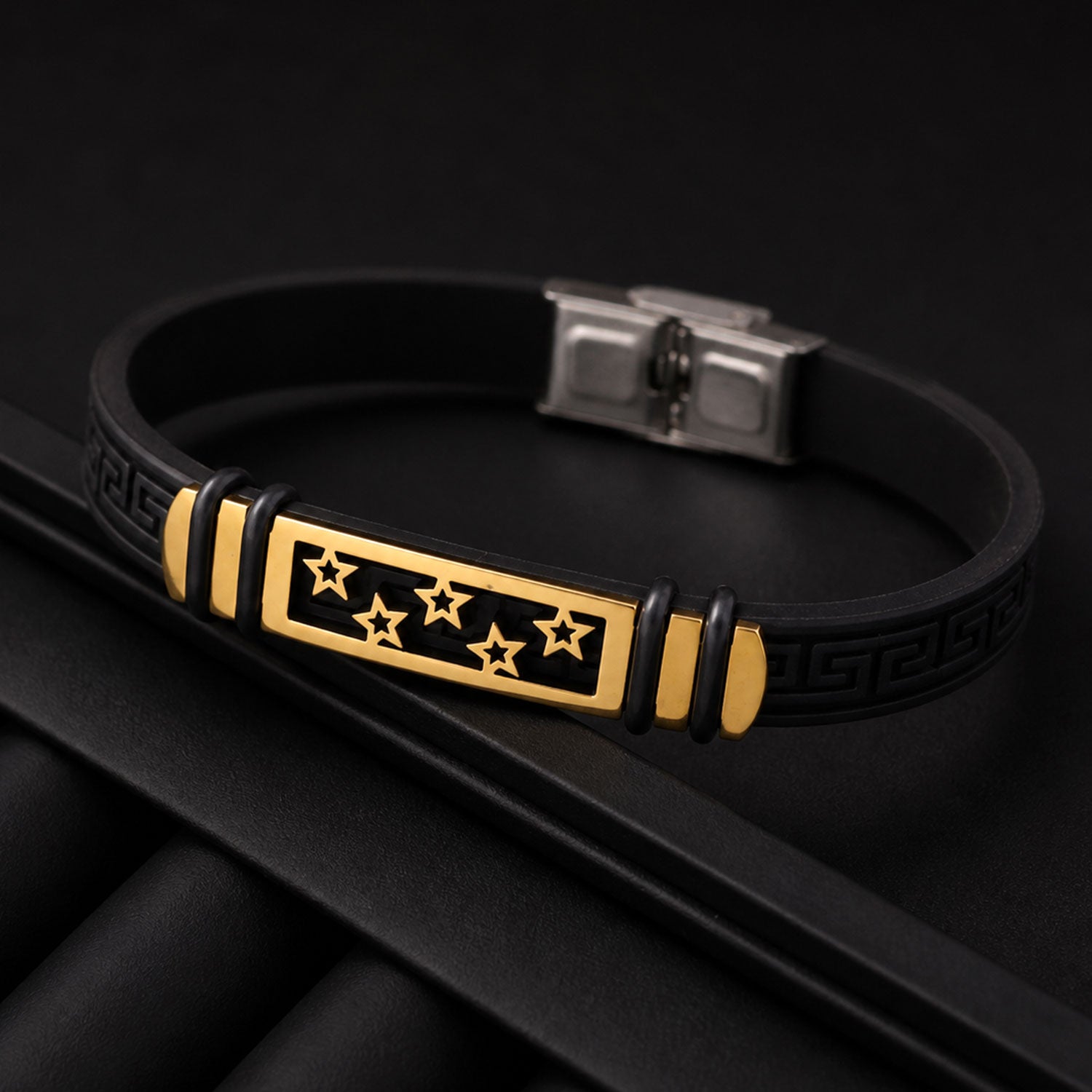 Star Cutout Bracelet Rakhi with Black Band and Gold-Silver Plate for Raksha Bandhan