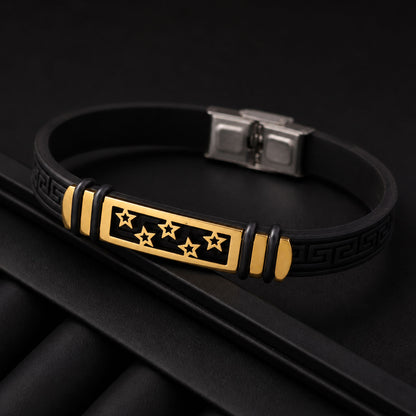 Star Cutout Bracelet Rakhi with Black Band and Gold-Silver Plate for Raksha Bandhan