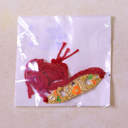 Premium Rakhi with Ornate Rectangular Plaque, crystal borders and chain look for Gift
