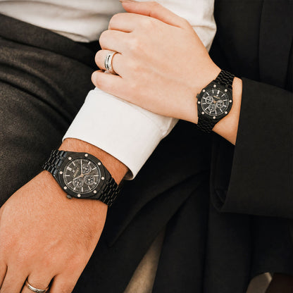 Black Dial Stainless Style Couple Watch Set with Matching Analog Design for Men Women