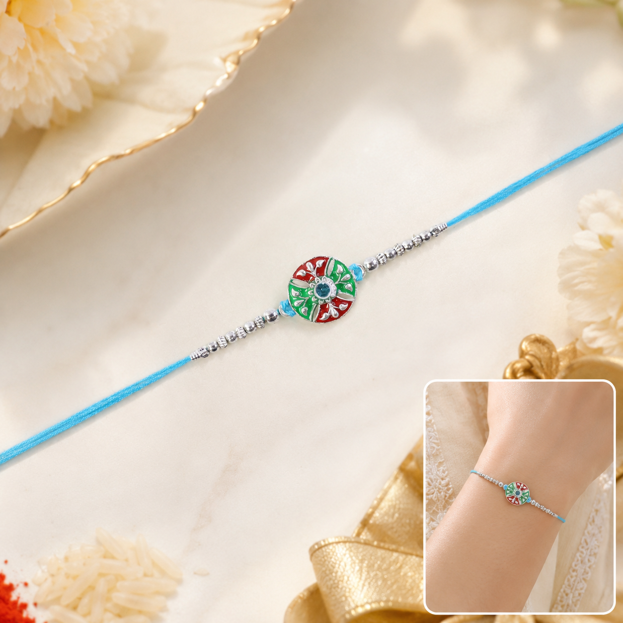 Blue Thread Rakhi with Multicolor Center and Fine Silver Chain