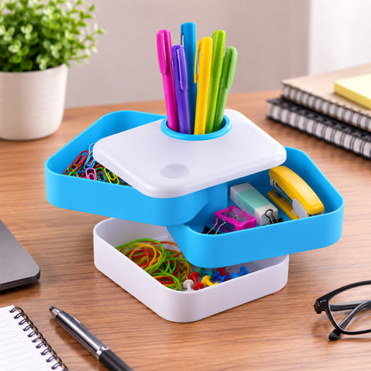 Rotating Desk Organizer Pen Stand with Multi-Layer Storage Trays for Stationery