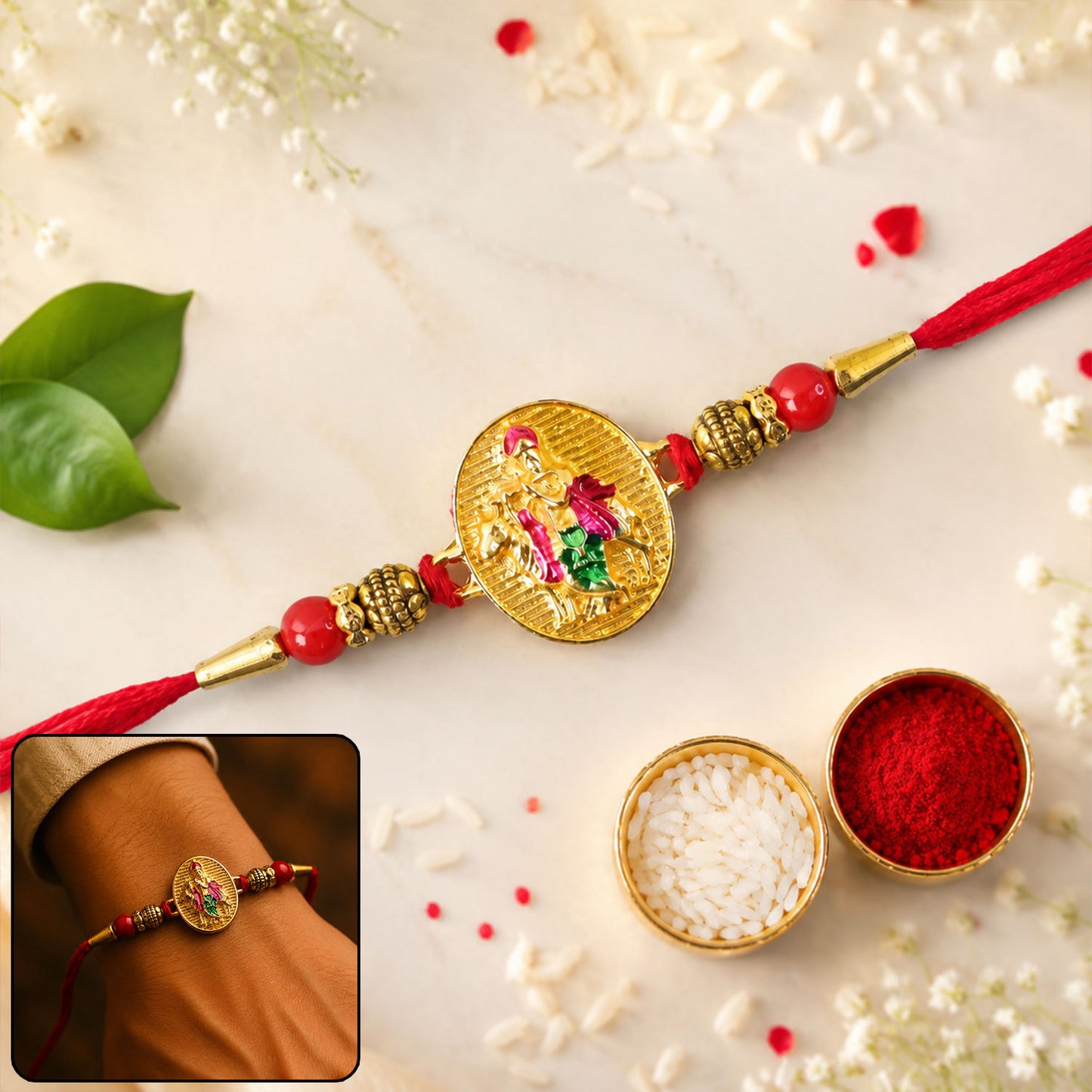 Dwarkadhish Krishna Gold Coin Rakhi with Red Beads