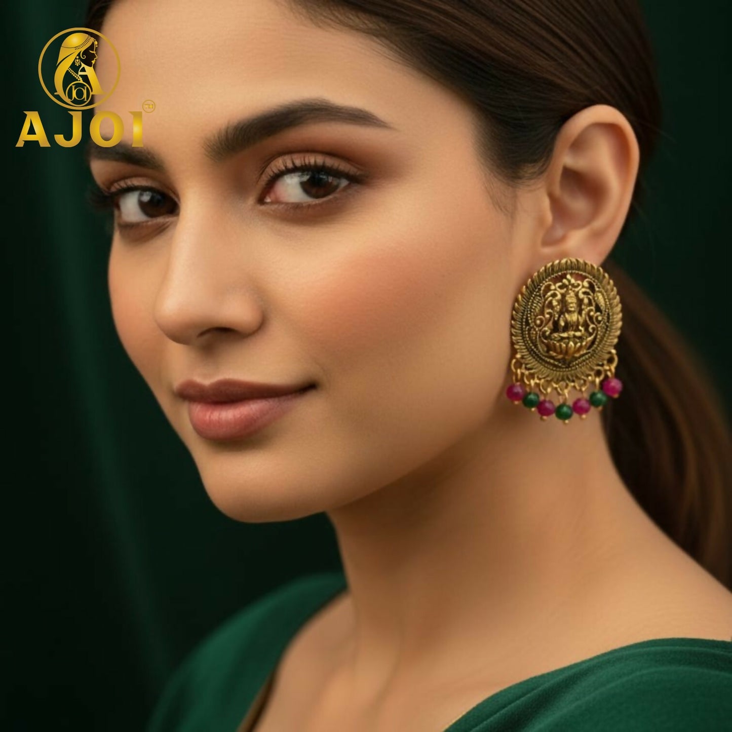 Gold Lakshmi Temple Stud Earrings