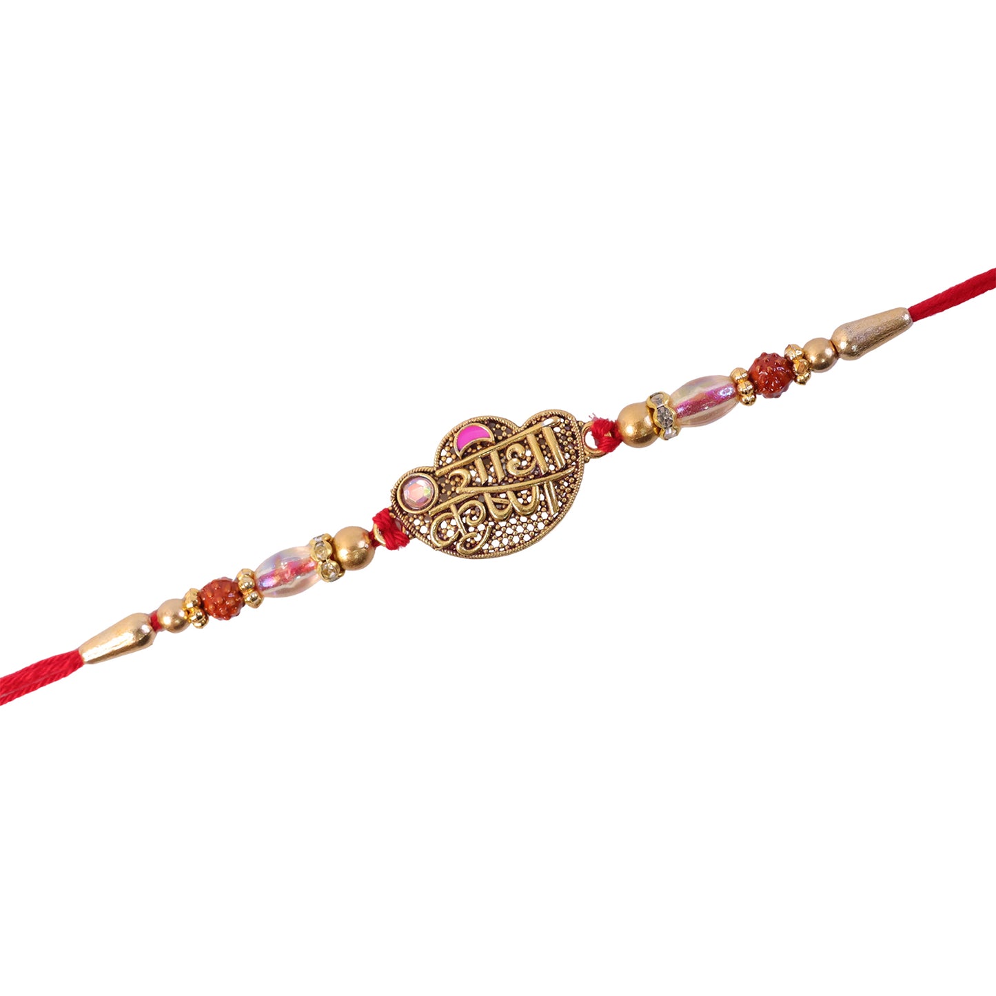 Radha Krishna Script Pendant Rakhi with Pink Kundan Beads