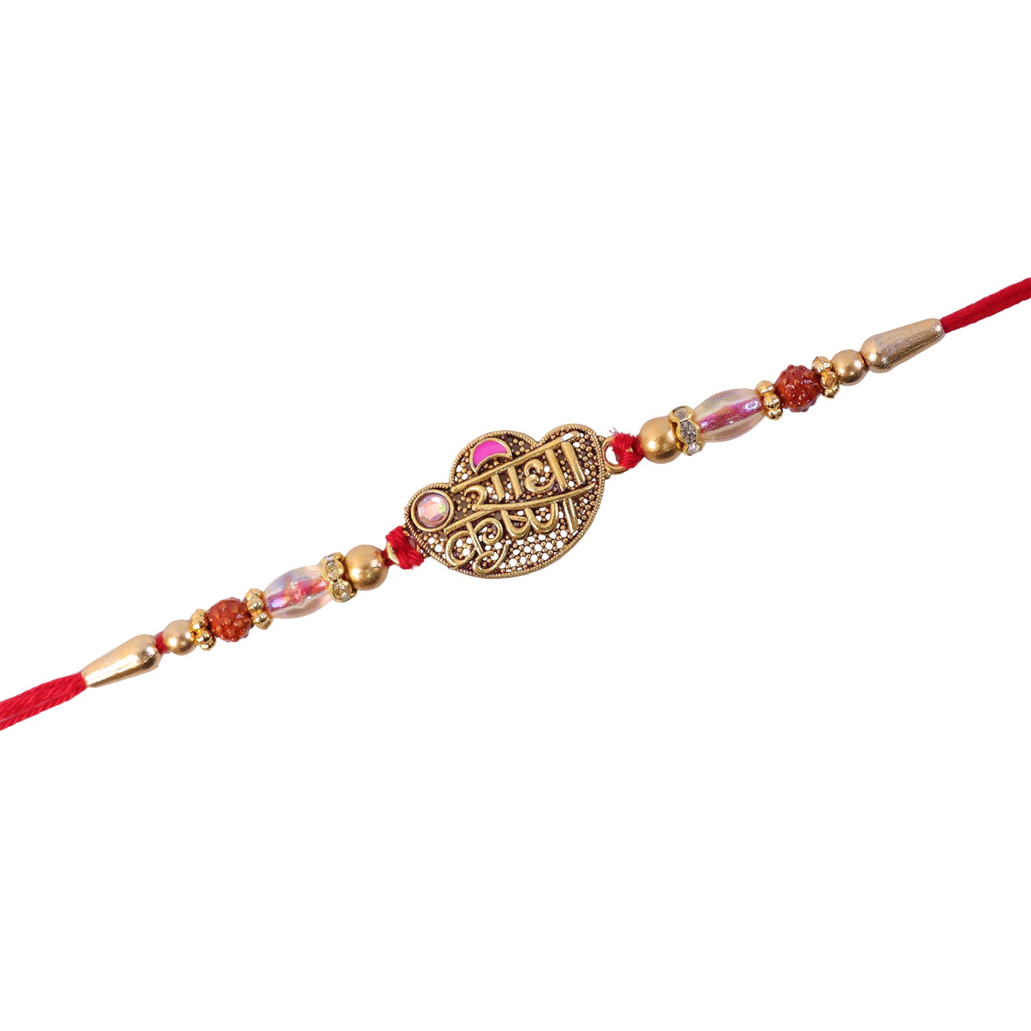 Radha Krishna Script Pendant Rakhi with Pink Kundan Beads