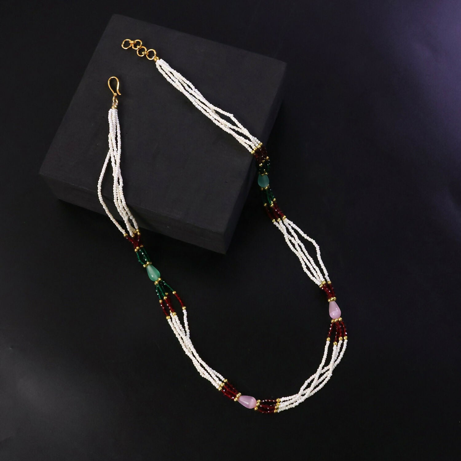 Elegant Multi-Layer Pearl Beaded Necklace with Red, Green & Pastel Stone Accents