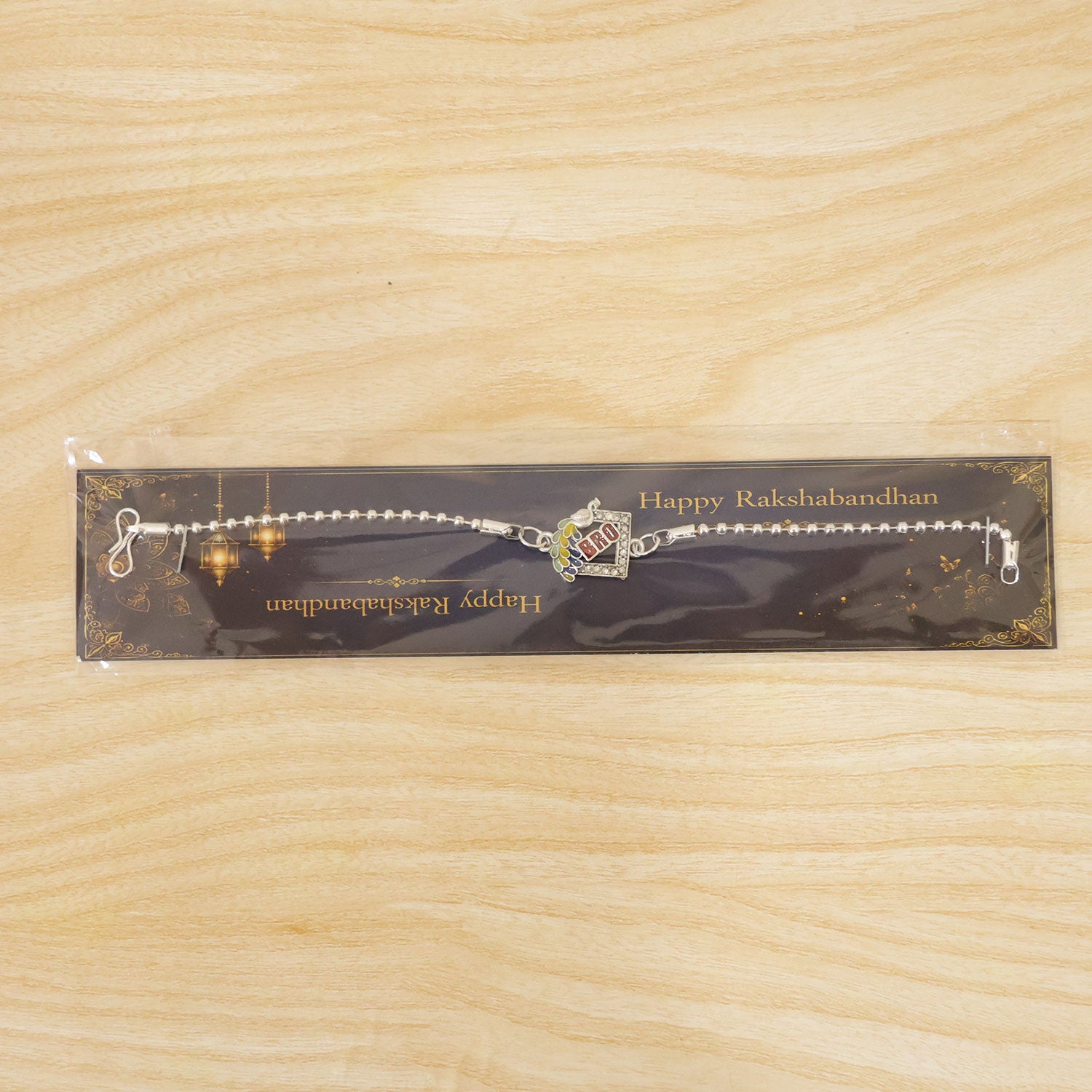 Bro Studded Square Peacock Enamel Silver Chain Designer Rakhi